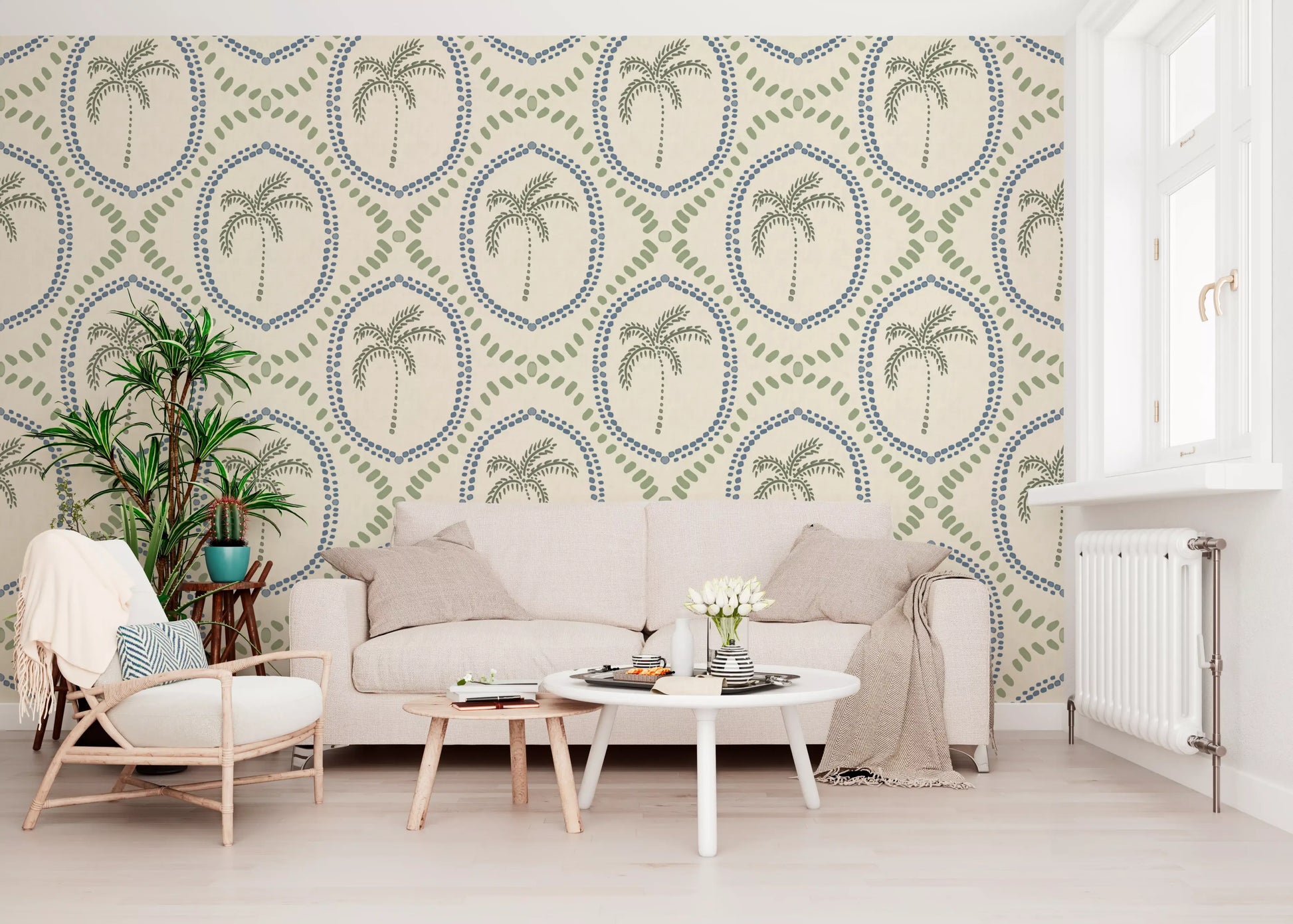 Dotted slate blue borders enclose leaves on this coastal green wallpaper.
