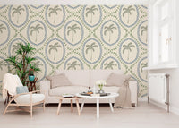 Dotted slate blue borders enclose leaves on this coastal green wallpaper.