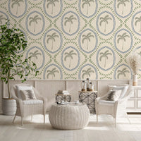 The beachy boho palm oasis wallpaper reveals charming botanical motifs.