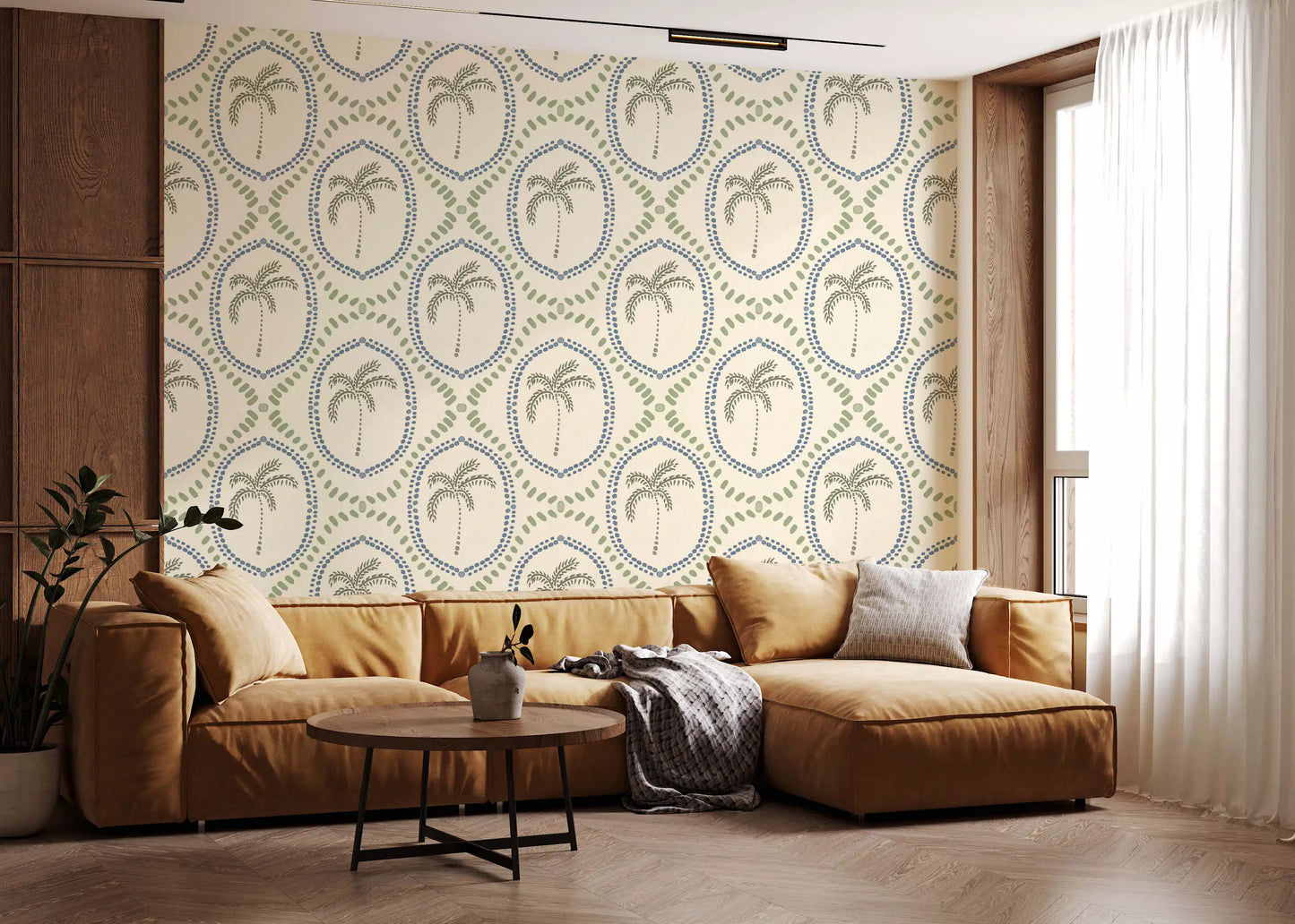 Living room perfectly matched with a slate blue dotted wallpaper.