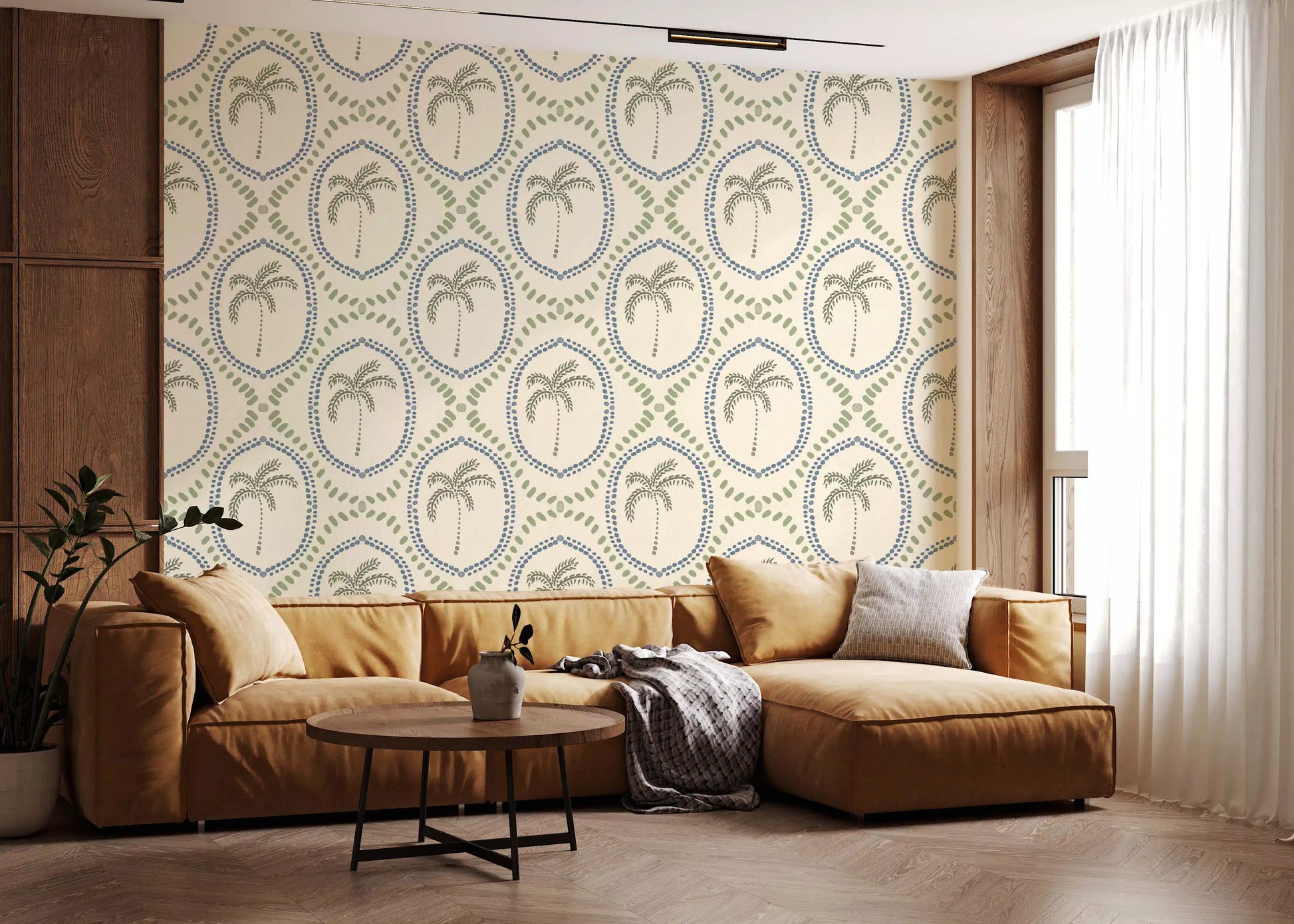 Living room perfectly matched with a slate blue dotted wallpaper.