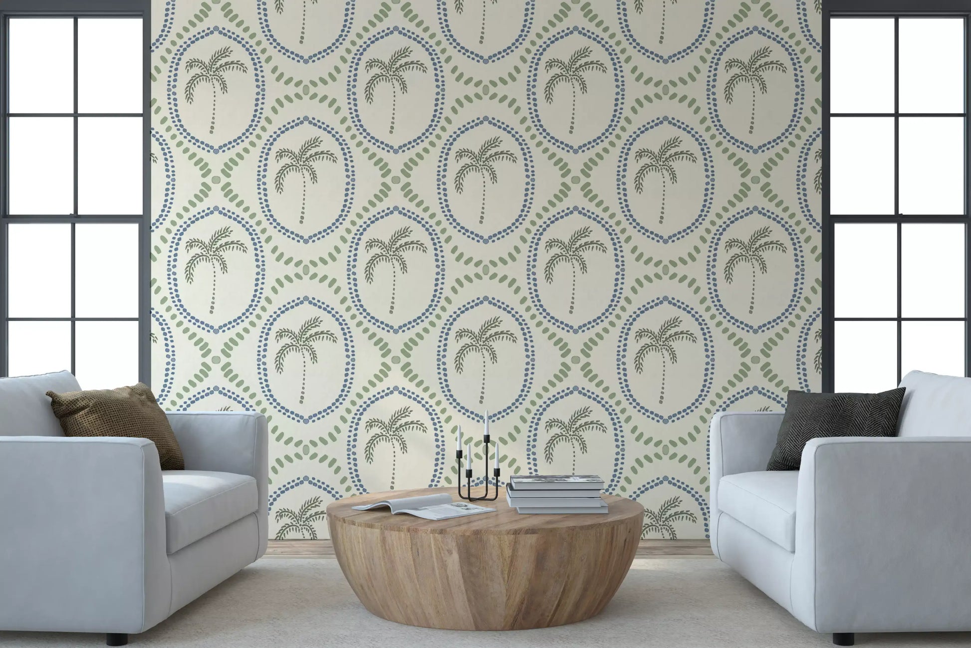 living room displaying a beautiful coastal green wallpaper.