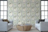living room displaying a beautiful coastal green wallpaper.