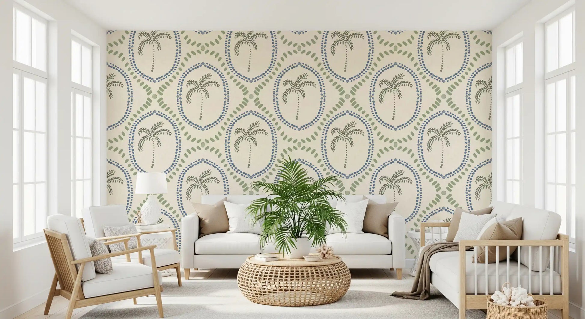 Modern lounge area utilizing the slate blue & coastal green wallpaper.