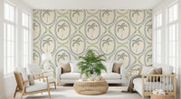Modern lounge area utilizing the slate blue & coastal green wallpaper.