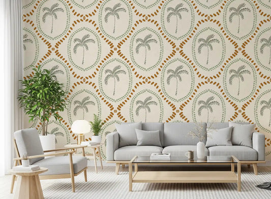 Living room styled with the beachy boho palm oasis wallpaper.