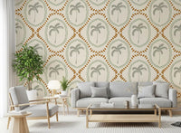 Living room styled with the beachy boho palm oasis wallpaper.