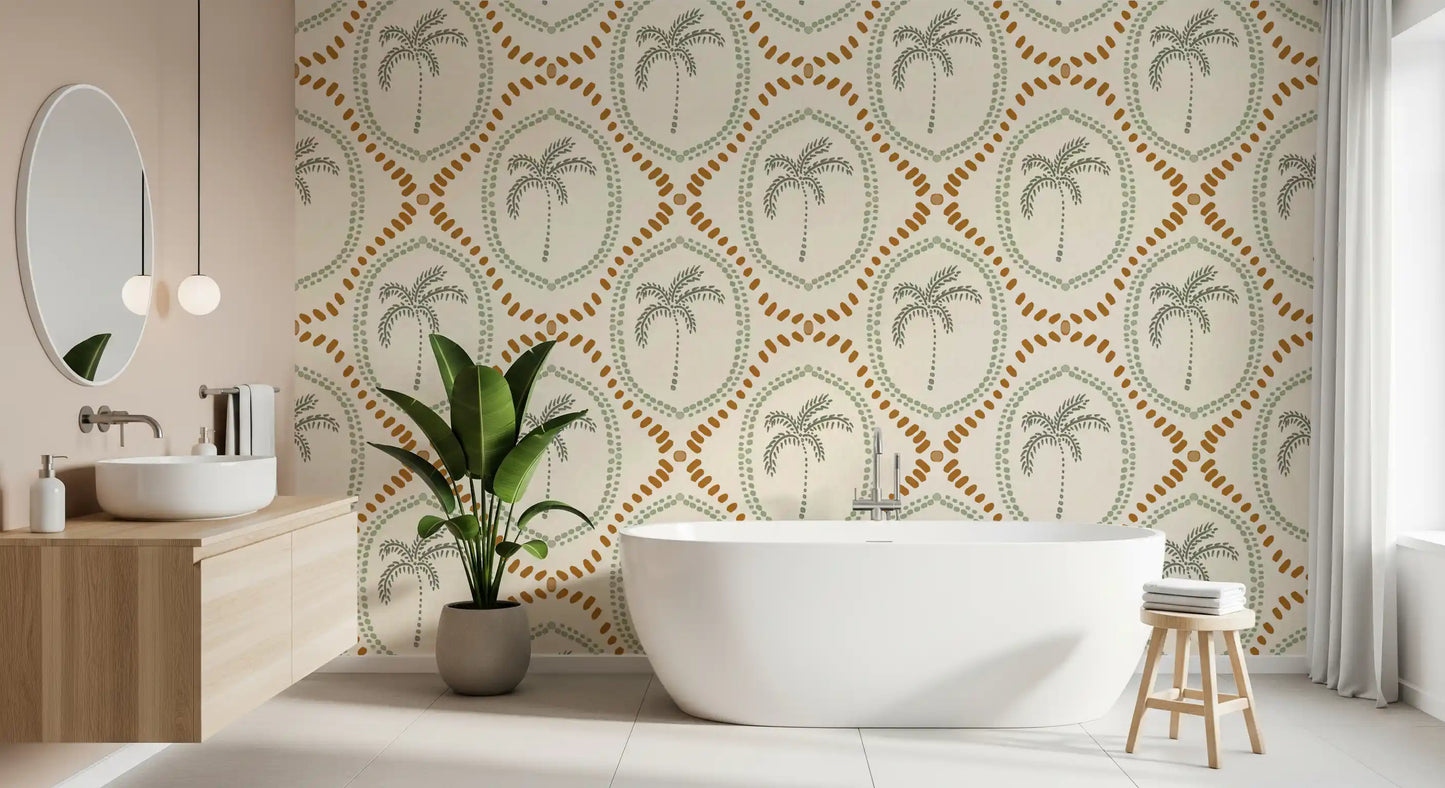 Organic lines form a diamond pattern on the boho palm wallpaper.
