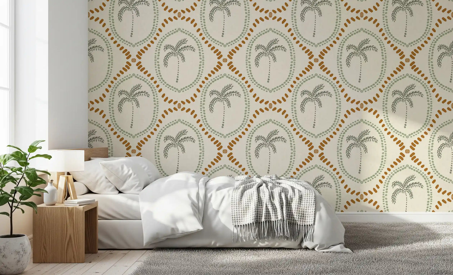 Bedroom setting enhanced by the boho palm golden wallpaper pattern.
