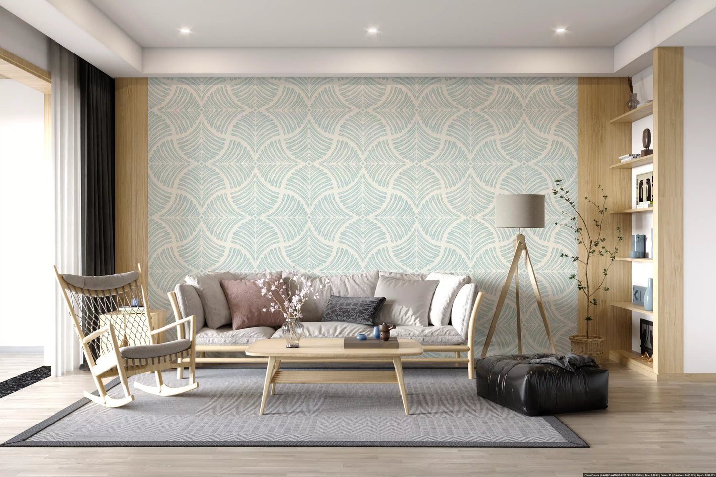 Geometric elements embedded within the Pastel Blue Textured Scallops Fan wallpaper.