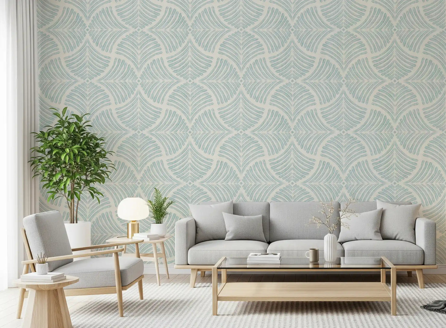 Stylized wavy shapes enclosed seamlessly across this retro Japandi Minimalist wallpaper.