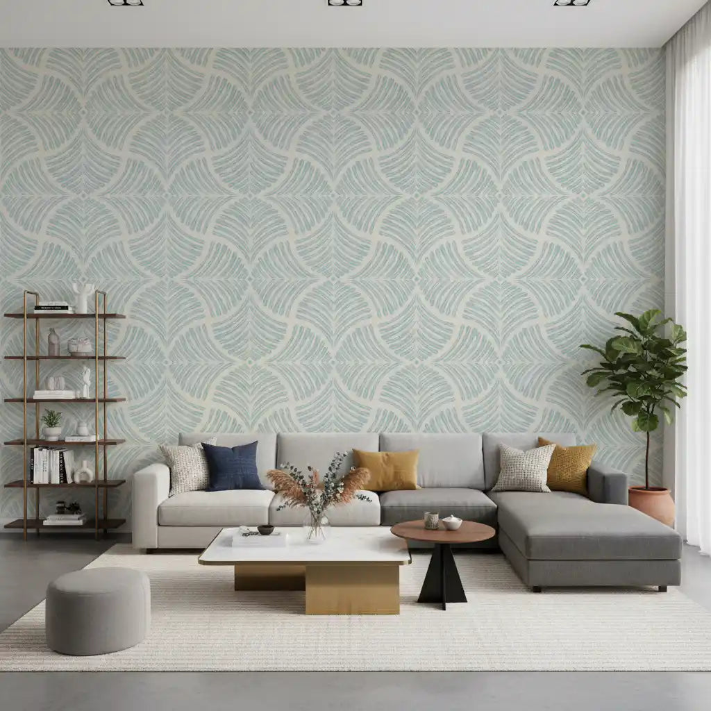 Precise botanical structure revealing the Pastel Blue Textured Scallops Fan wallpaper.