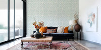 Living room background completed beautifully with a minimalist Japandi wallpaper.