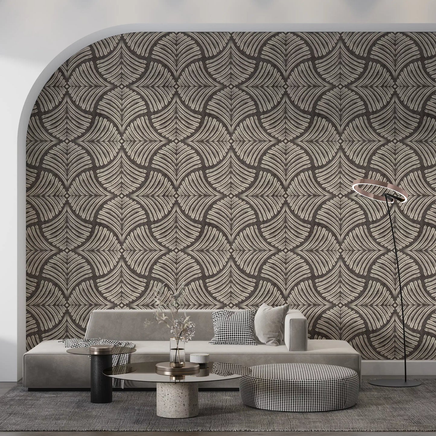 Minimalist living room interior featuring the beautiful textured Japandi wallpaper design.
