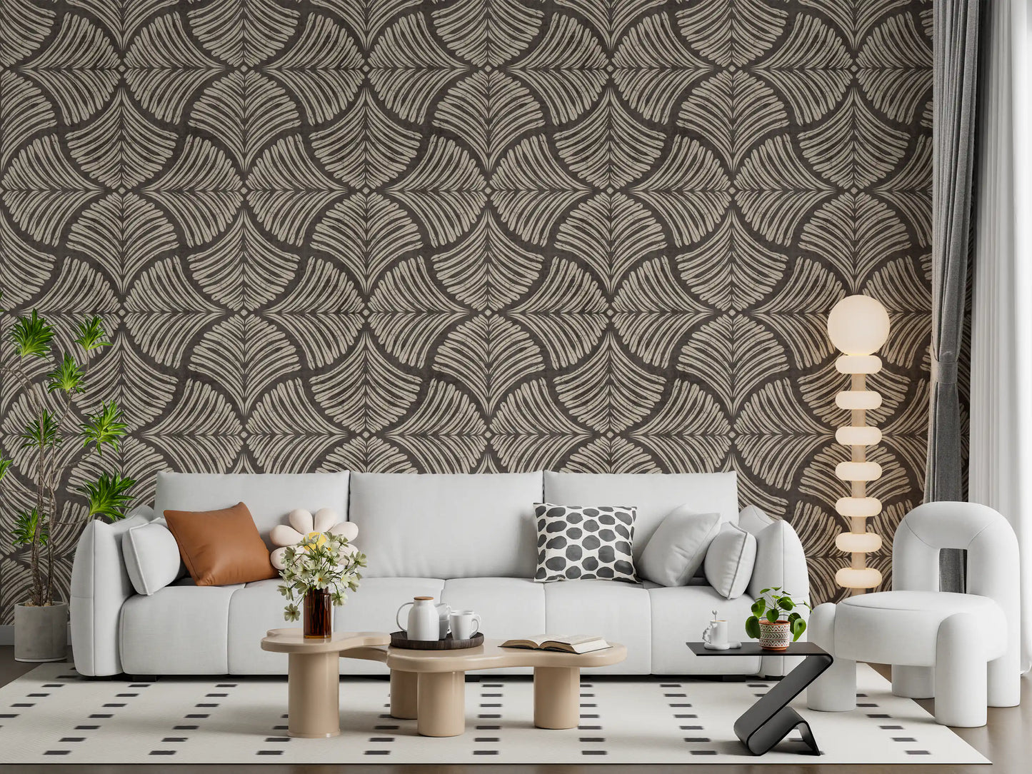 Charcoal Brown Textured Scallops Fan Japandi Wallpaper installed inside a Living room.