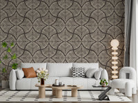 Charcoal Brown Textured Scallops Fan Japandi Wallpaper installed inside a Living room.