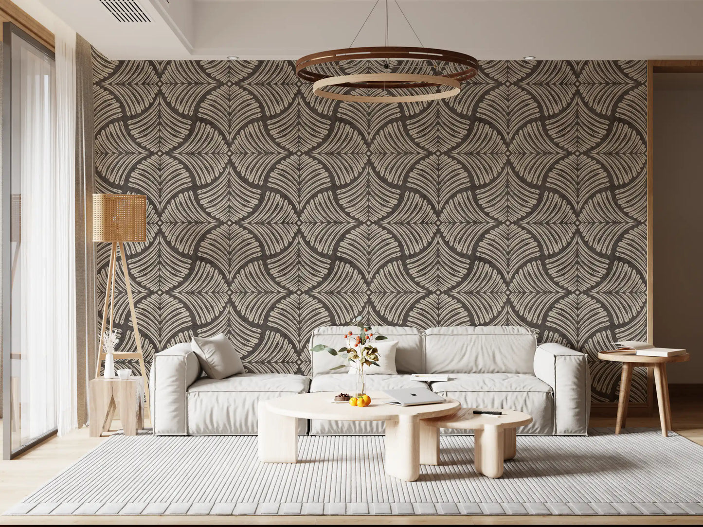Cozy living room lounge accented by the repeating cream fan shape wallpaper.