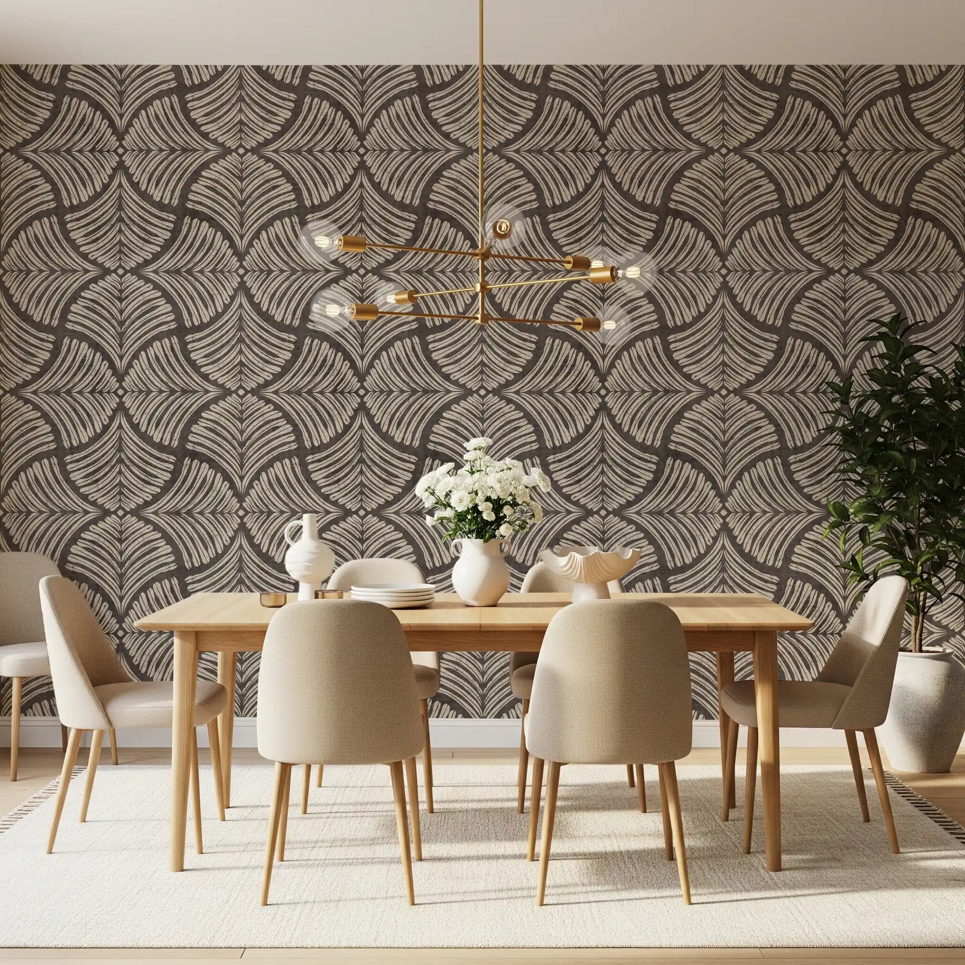 Distressed cream graphics contrast against dark background on this Scallops wallpaper.