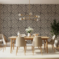 Distressed cream graphics contrast against dark background on this Scallops wallpaper.