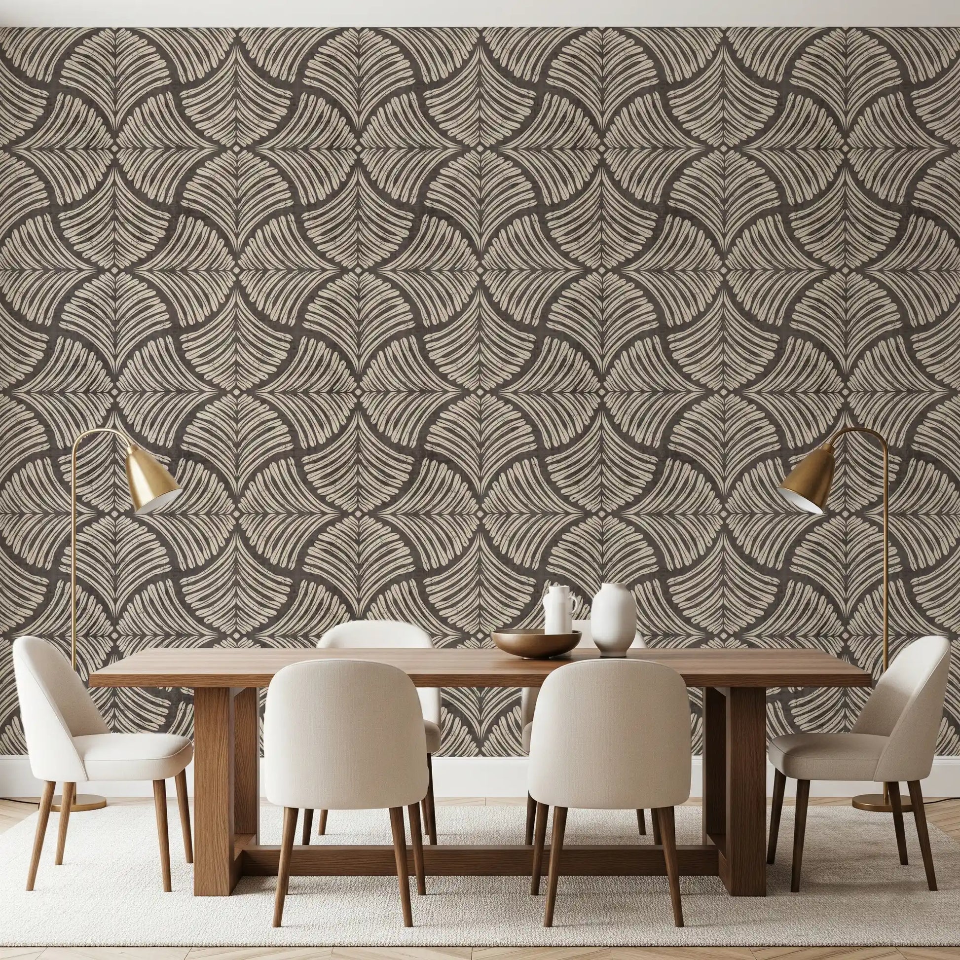 Symmetrical curved lines form leaf patterns across this textured brown wallpaper.