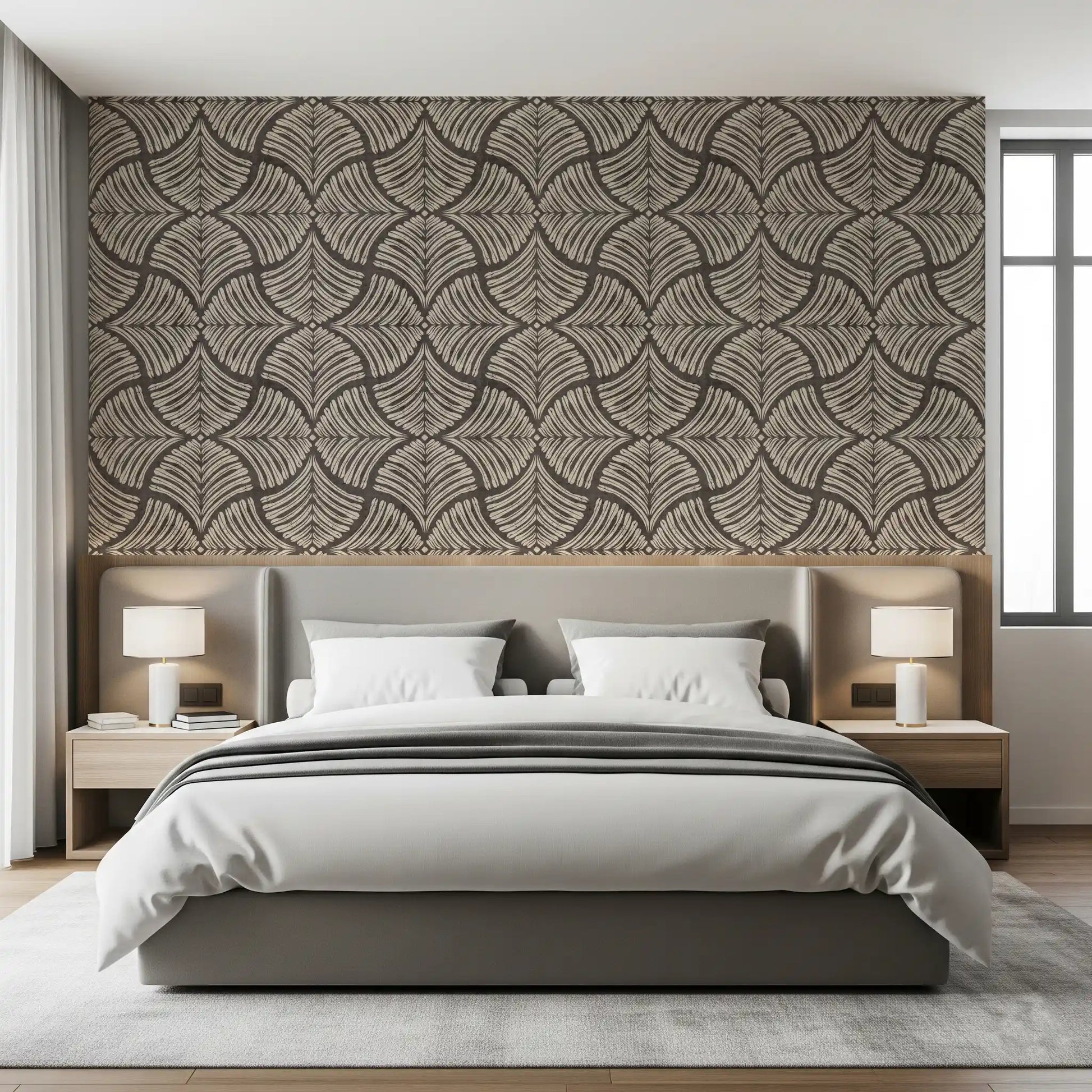 Charcoal Brown Textured Scallops Fan Japandi Wallpaper showing repeating fan motifs.