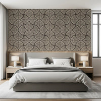 Charcoal Brown Textured Scallops Fan Japandi Wallpaper showing repeating fan motifs.