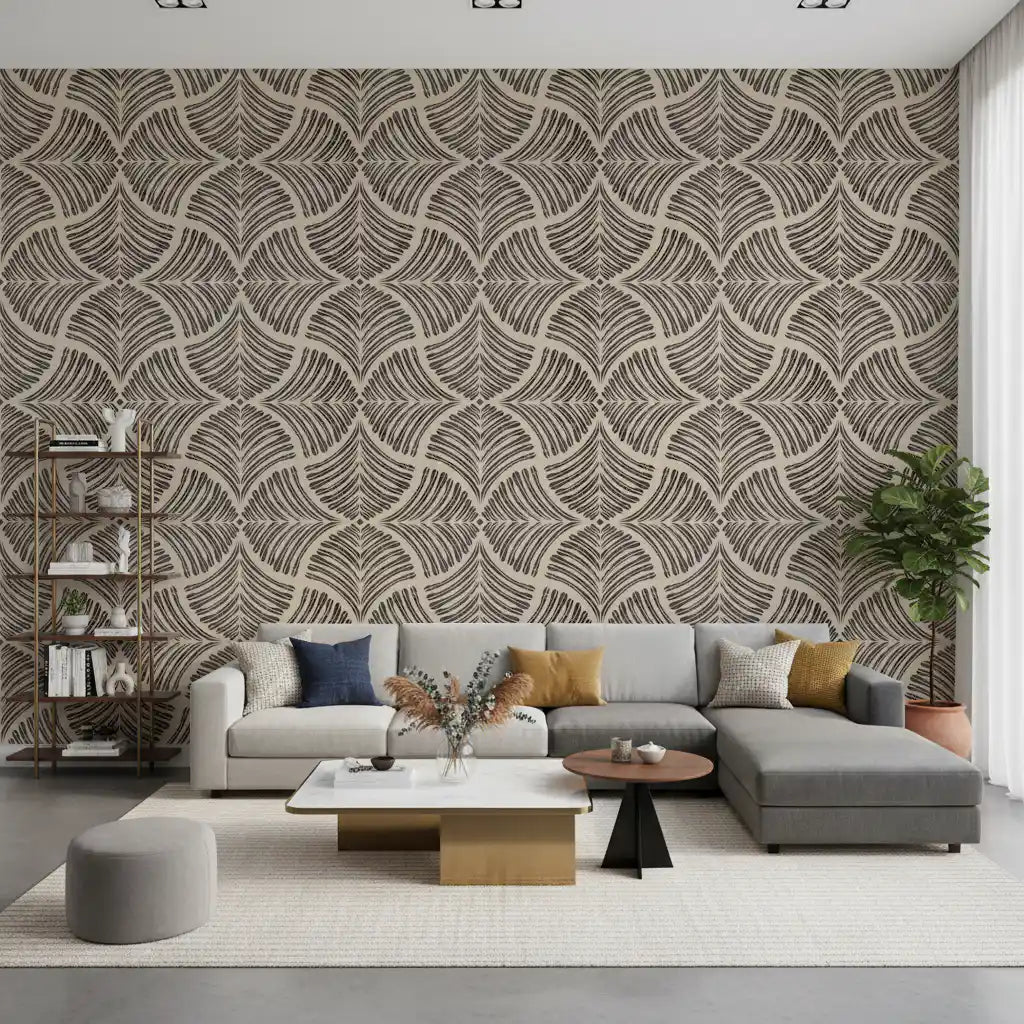 Bright lounge area enhanced by the lovely Japandi wallpaper aesthetic