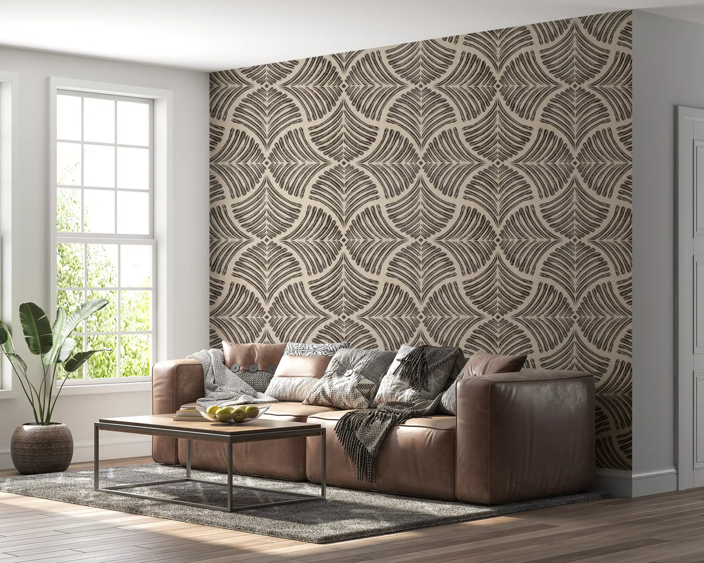 Modern living room accented by an elegant dark brown wallpaper pattern