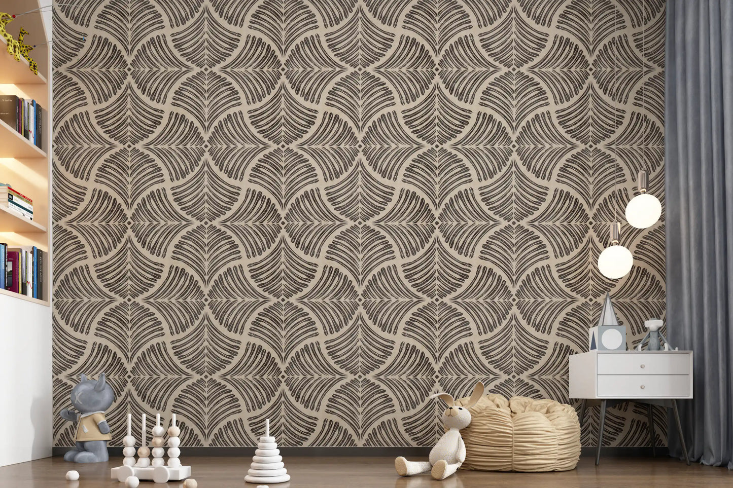 Nursery matched with Dark Brown Textured Scallops Fan Japandi Minimalist Wallpaper