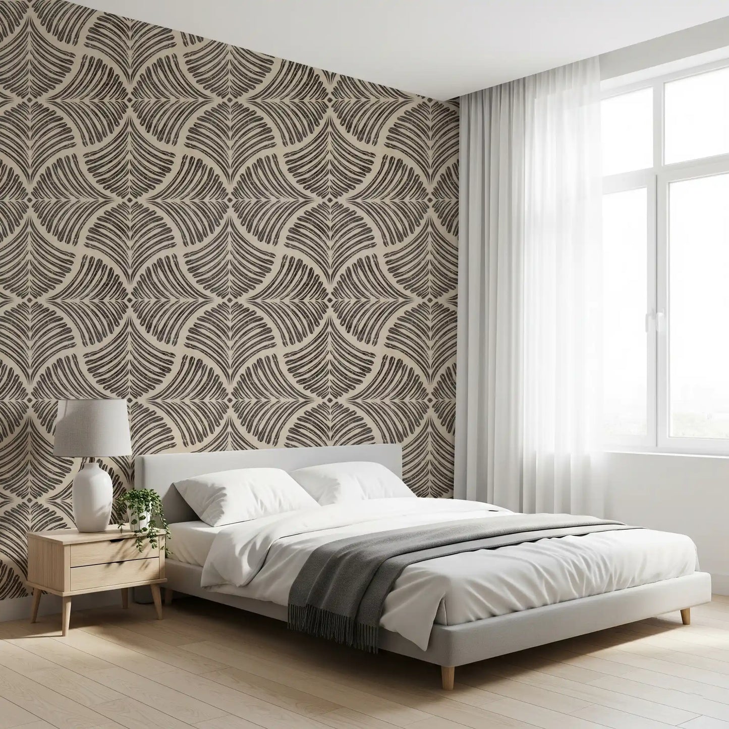 Guest bedroom beautifully styled with a lovely scallops wallpaper