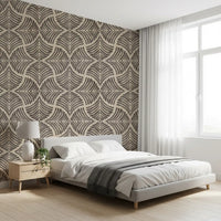 Guest bedroom beautifully styled with a lovely scallops wallpaper