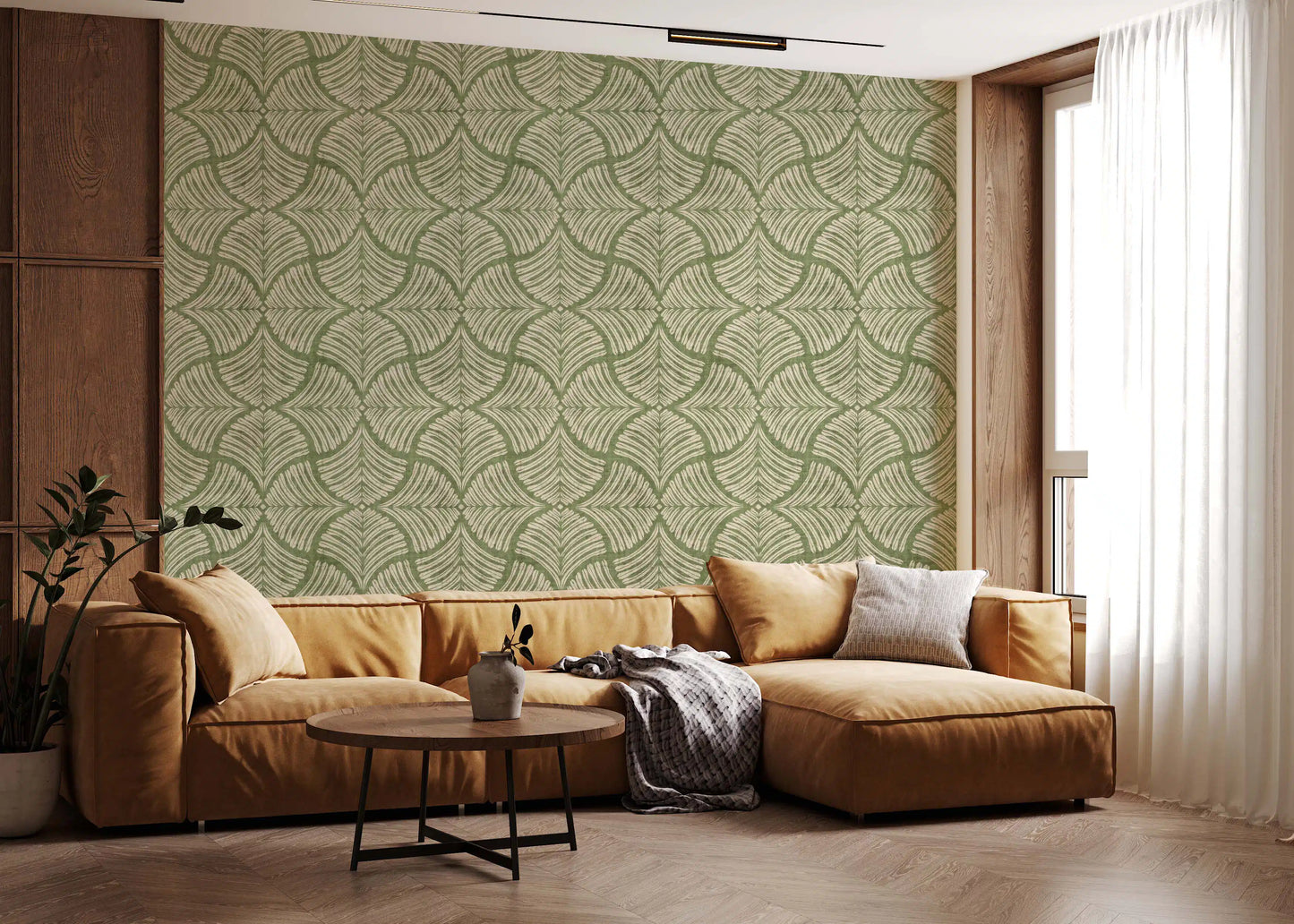 View of the Moss Green Textured Scallops Fan Japandi Minimalist Wallpaper pattern.