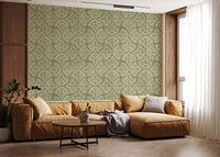 View of the Moss Green Textured Scallops Fan Japandi Minimalist Wallpaper pattern.