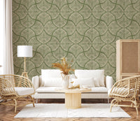 Bright living area containing the green Japandi minimalist wallpaper pattern.