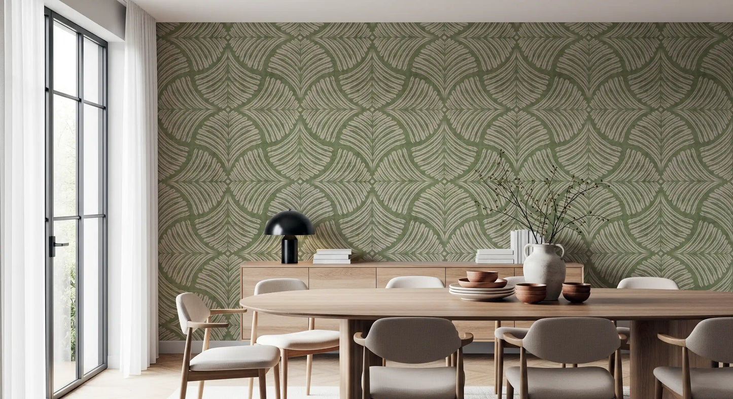 Woven fabric layout in the Moss Green Textured Scallops Fan Minimalist Wallpaper.