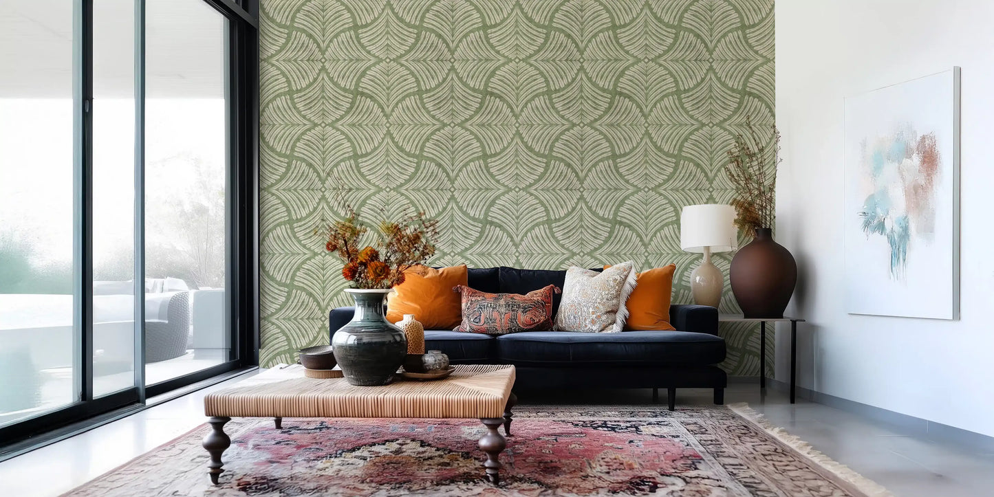 Green botanical curves and ribbed beige lines on a minimalist wallpaper.