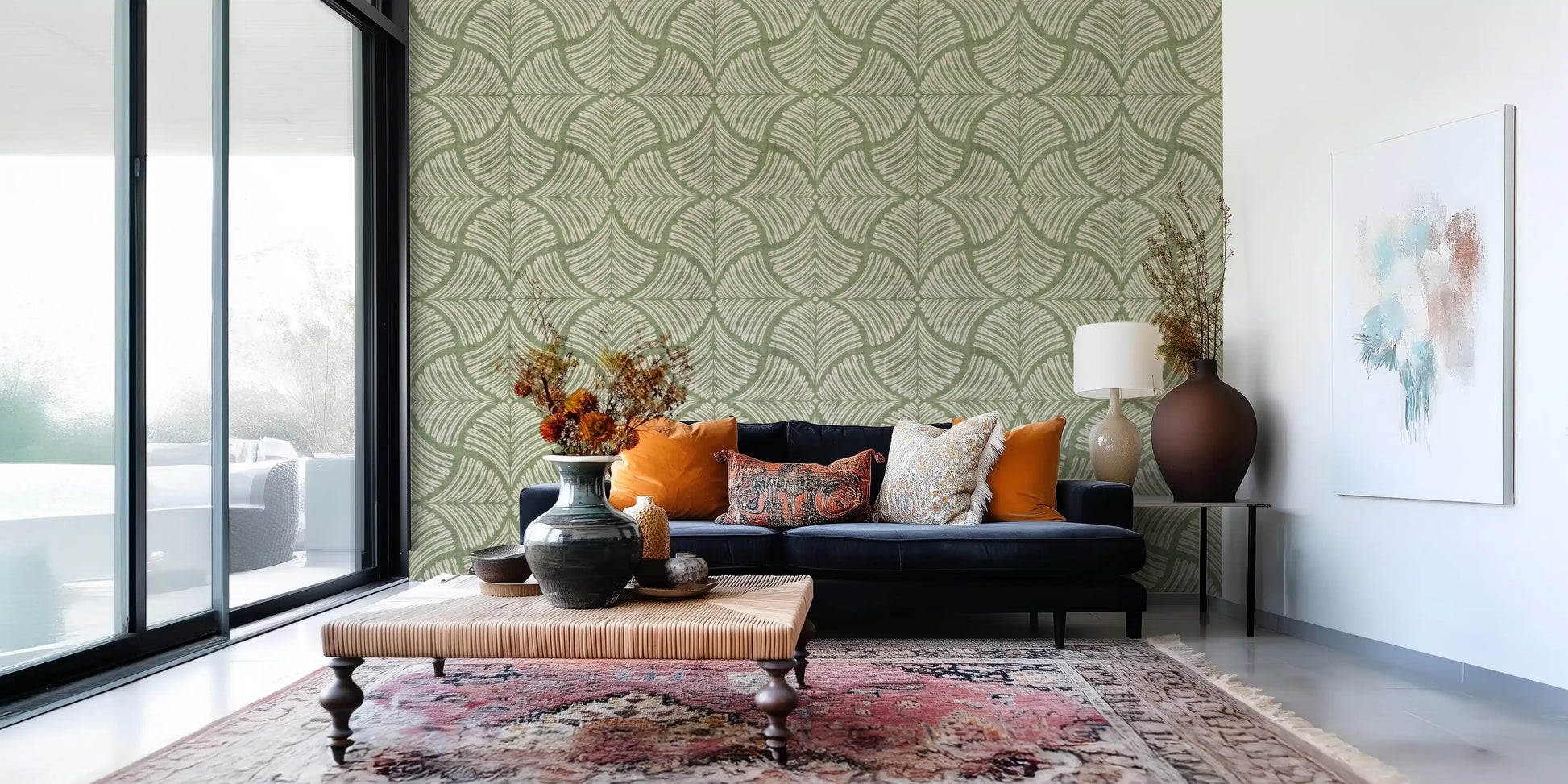 Green botanical curves and ribbed beige lines on a minimalist wallpaper.