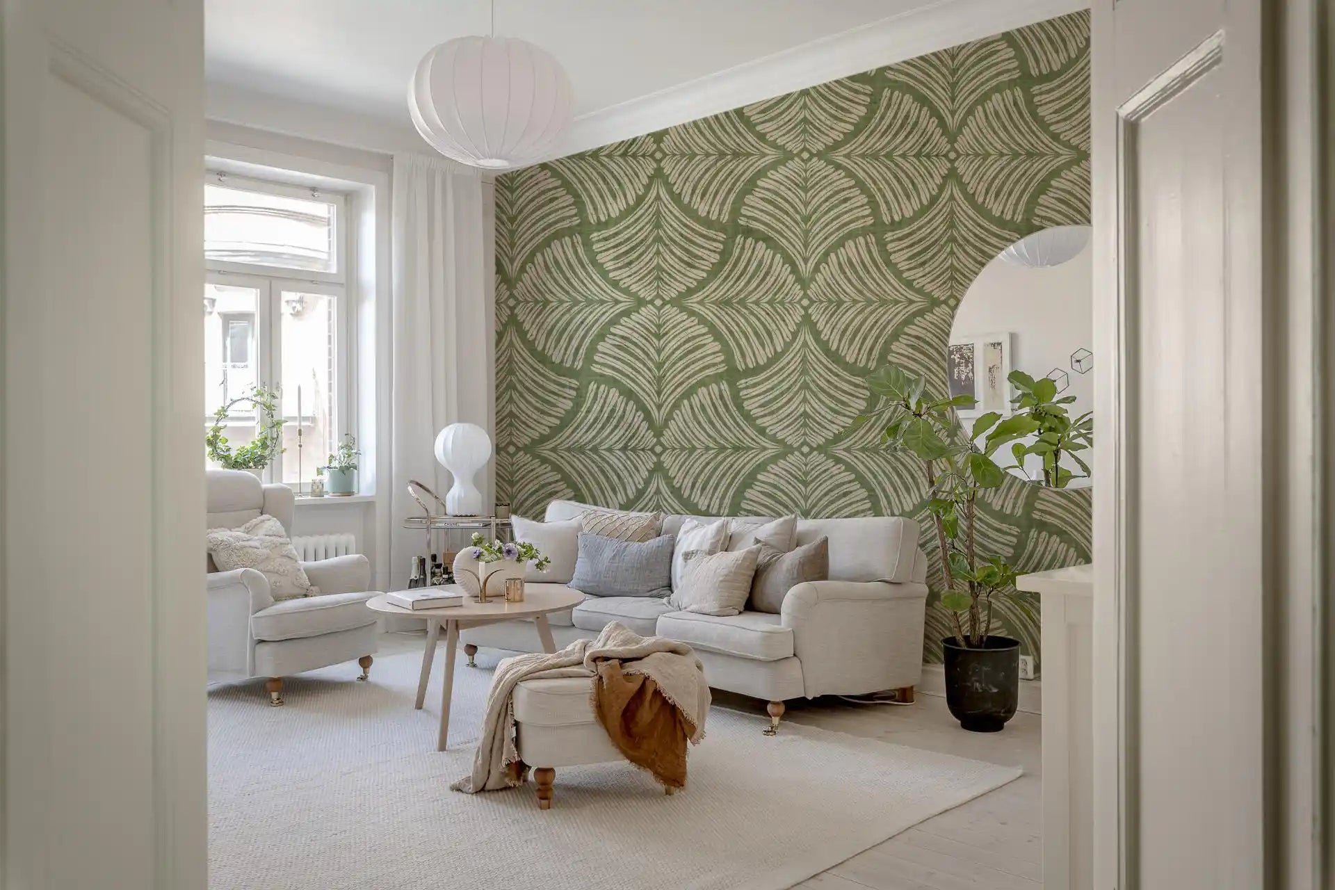 Modern living room interior highlighted by a Moss Green Textured Scallops Fan wallpaper.