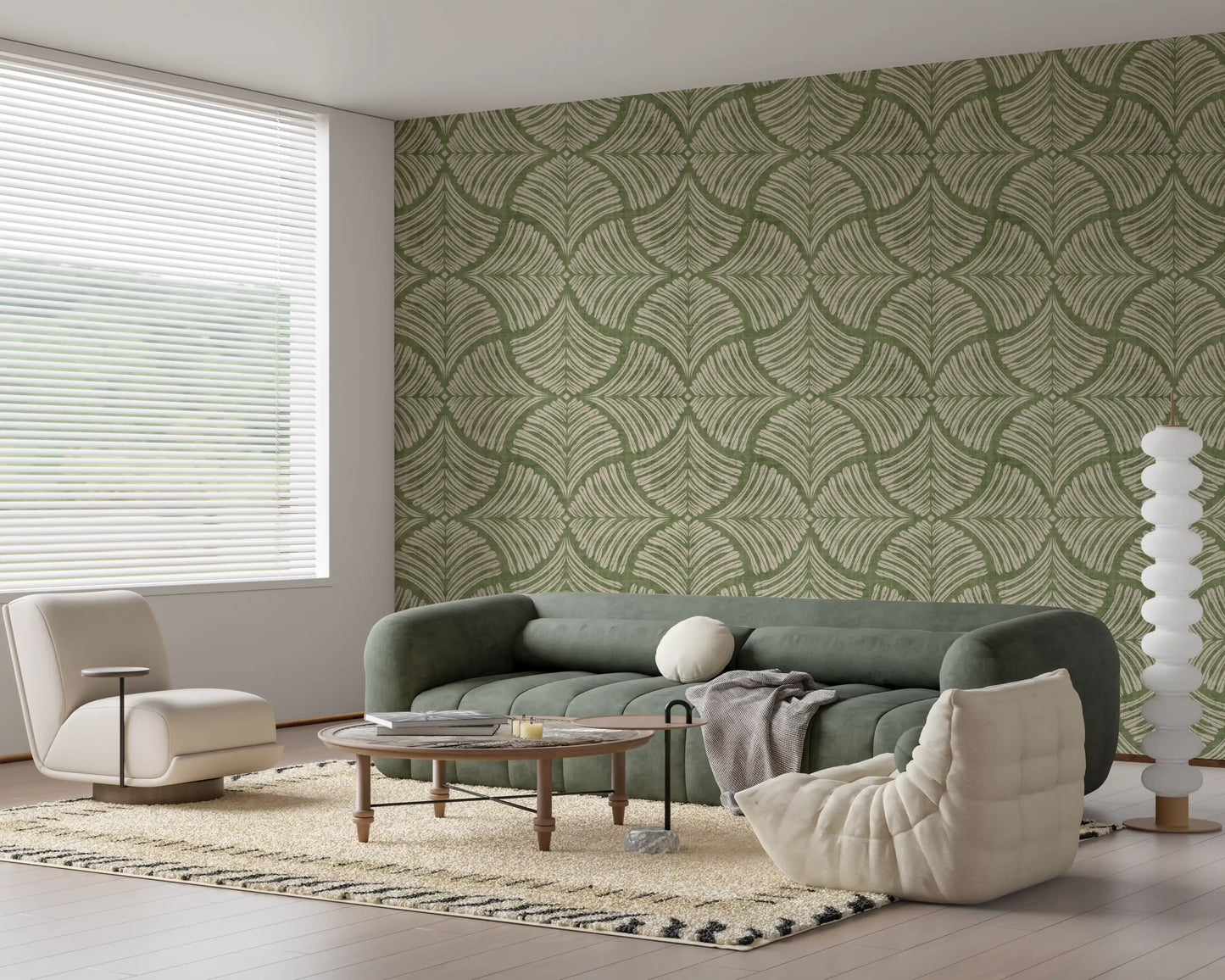 living space decorated with a Moss Green Scallops Fan wallpaper layout.