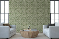 Minimalist lounge displaying the Moss Green Textured Scallops Fan Minimalist Wallpaper.
