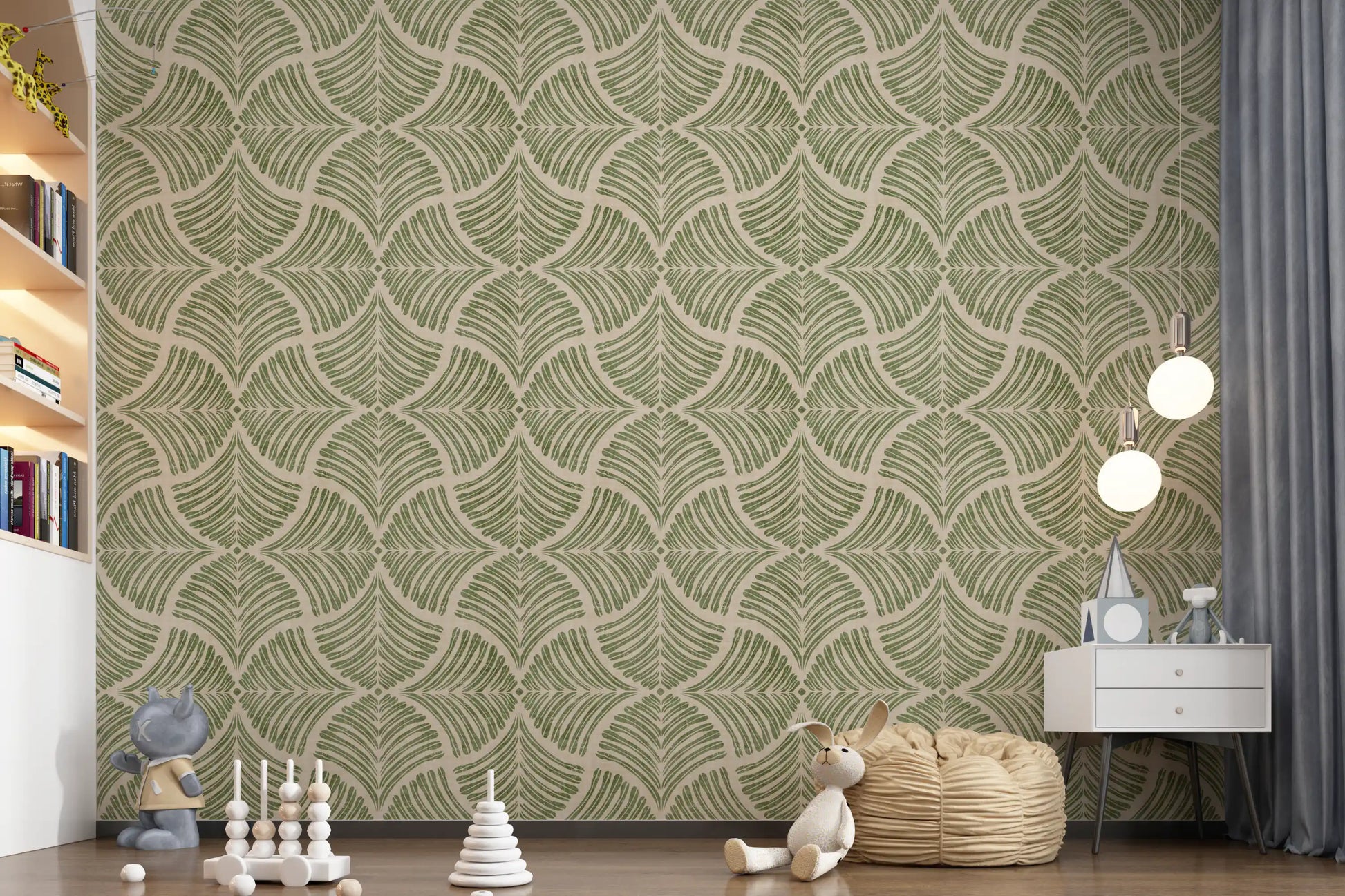 Green scallop fans calm a bright Nursery in this Japandi wallpaper.