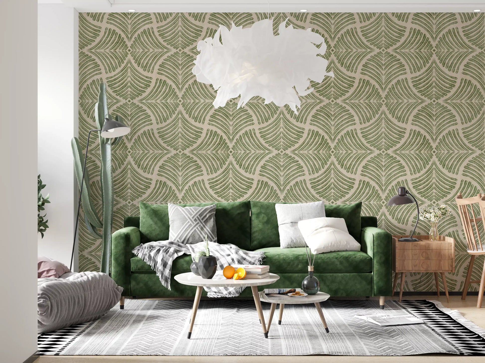 Each fan meets the next in a calm Japandi repeat on this green wallpaper.