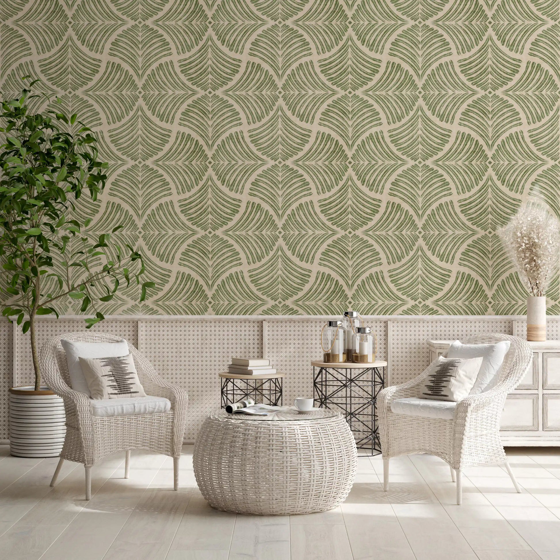 Olive-green fans curling open on cream linen in the Scallops Fan wallpaper.