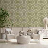 Olive-green fans curling open on cream linen in the Scallops Fan wallpaper.