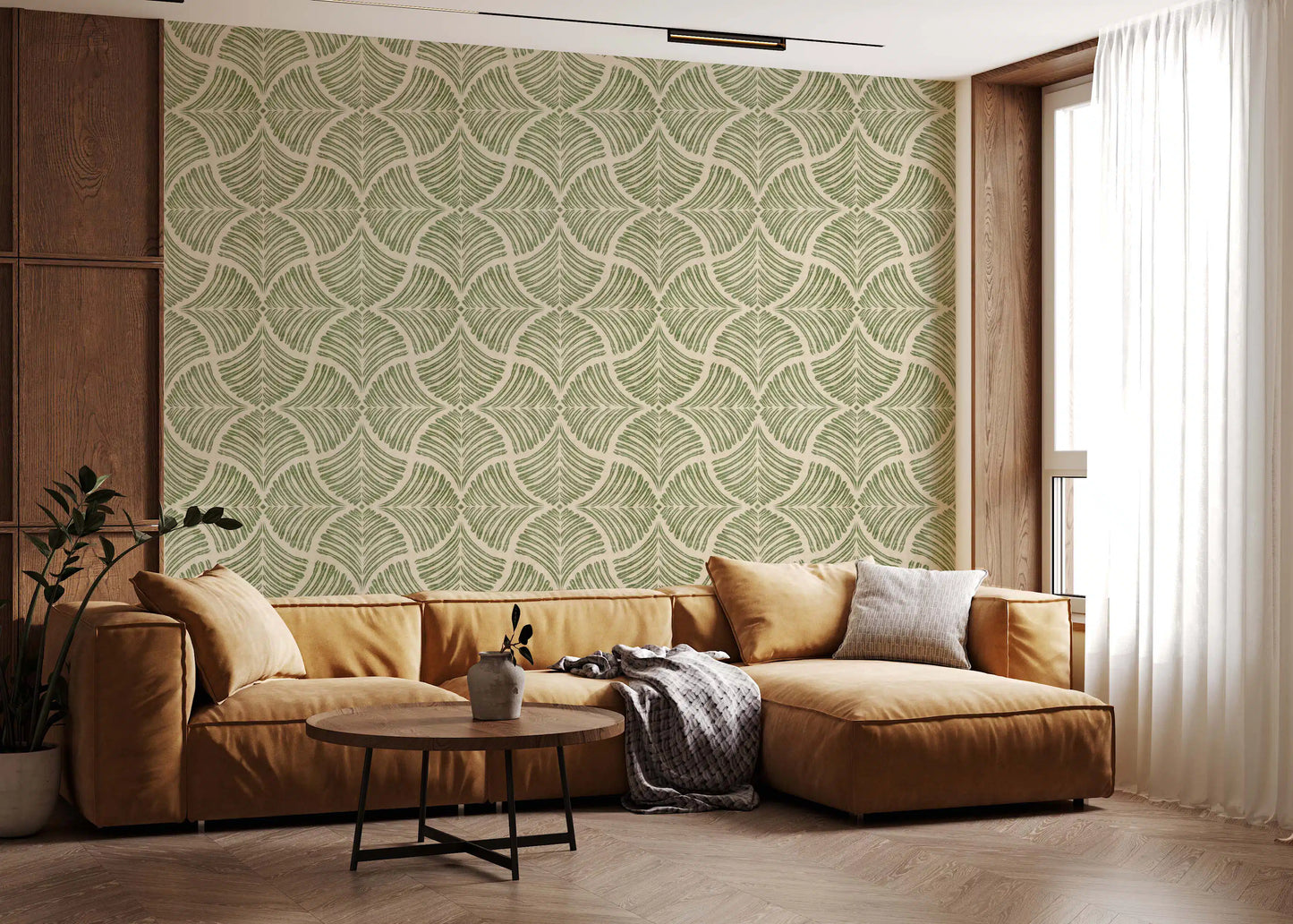 Pale linen tones lift a Living area dressed in Scallops Fan Japandi wallpaper.