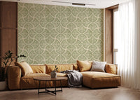 Pale linen tones lift a Living area dressed in Scallops Fan Japandi wallpaper.