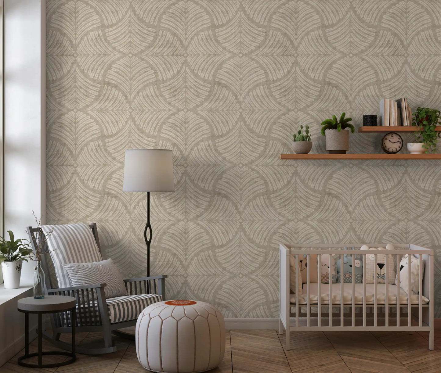A linen weave shows faintly beneath the Japandi Scallops Fan wallpaper motif.