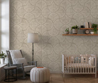 A linen weave shows faintly beneath the Japandi Scallops Fan wallpaper motif.