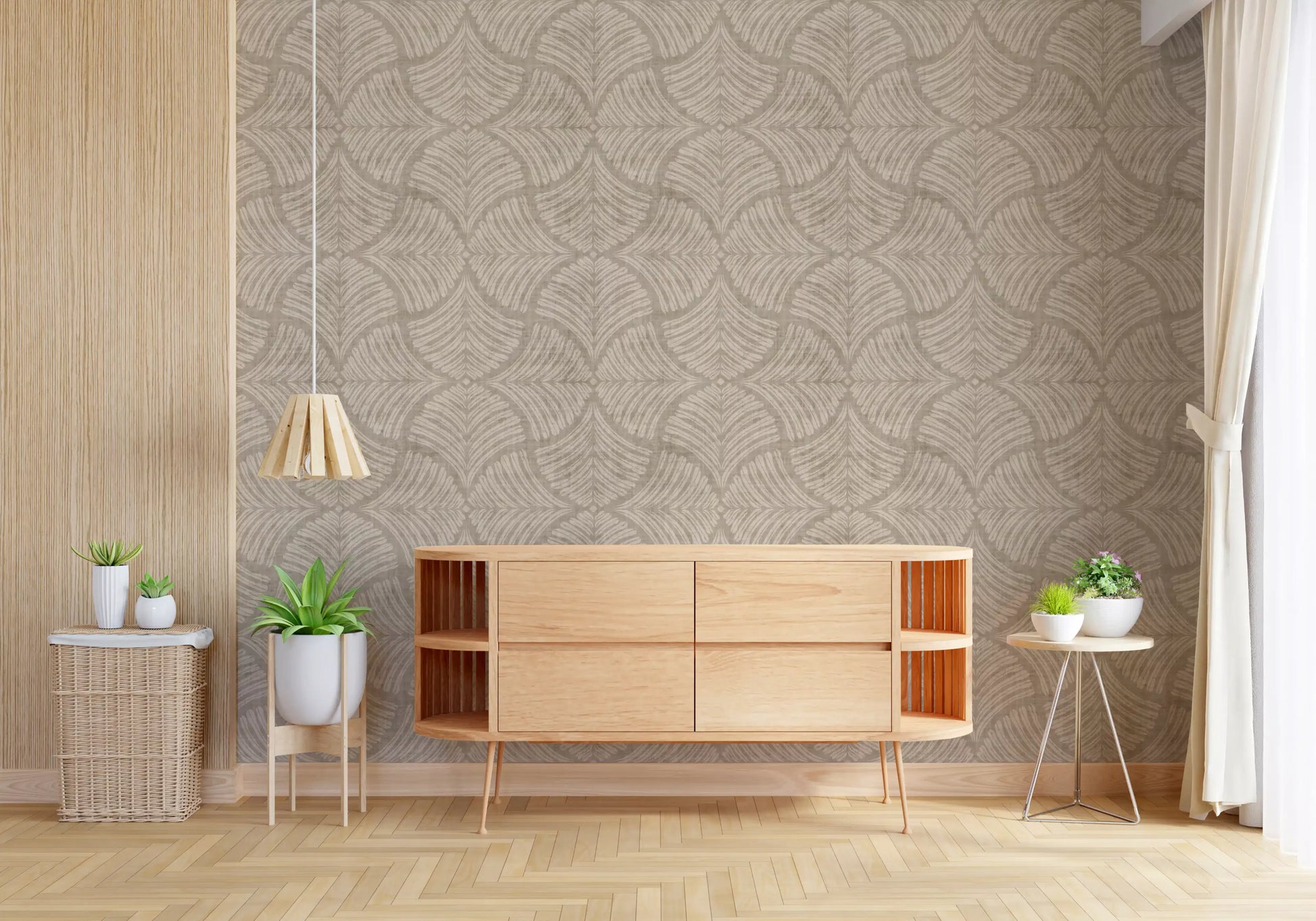 A Japandi hallway leans on the Sand Beige Scallops Fan wallpaper for warmth.