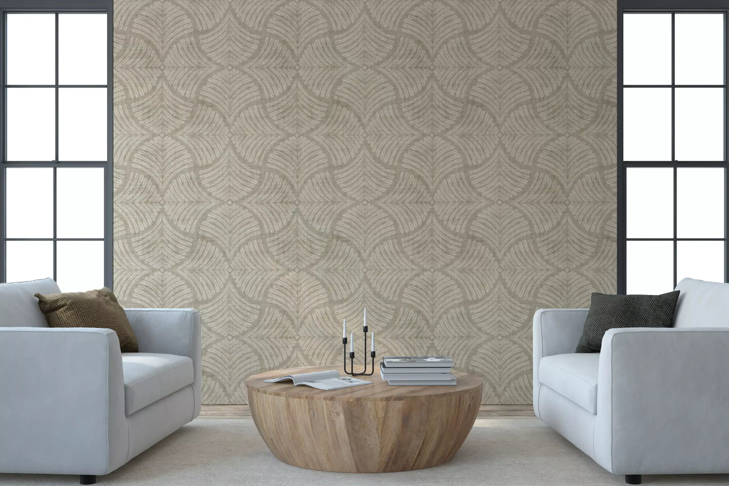 Light ageing adds depth to the Sand Beige Textured Scallops Fan wallpaper surface